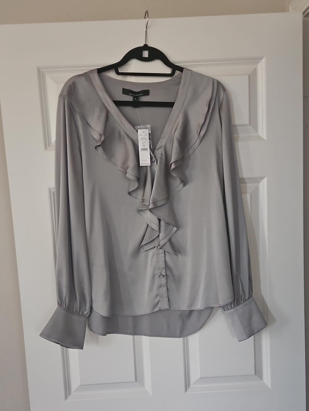 Silky Ruffle V-Neck Blouse - Light Gray NWT White House Black Market.